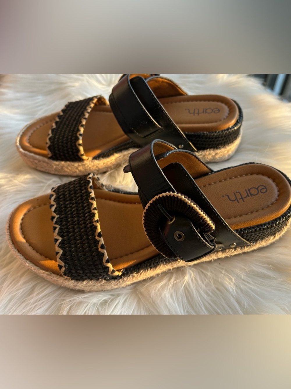 Earth Black and Tan Espadrille Slide Sandals